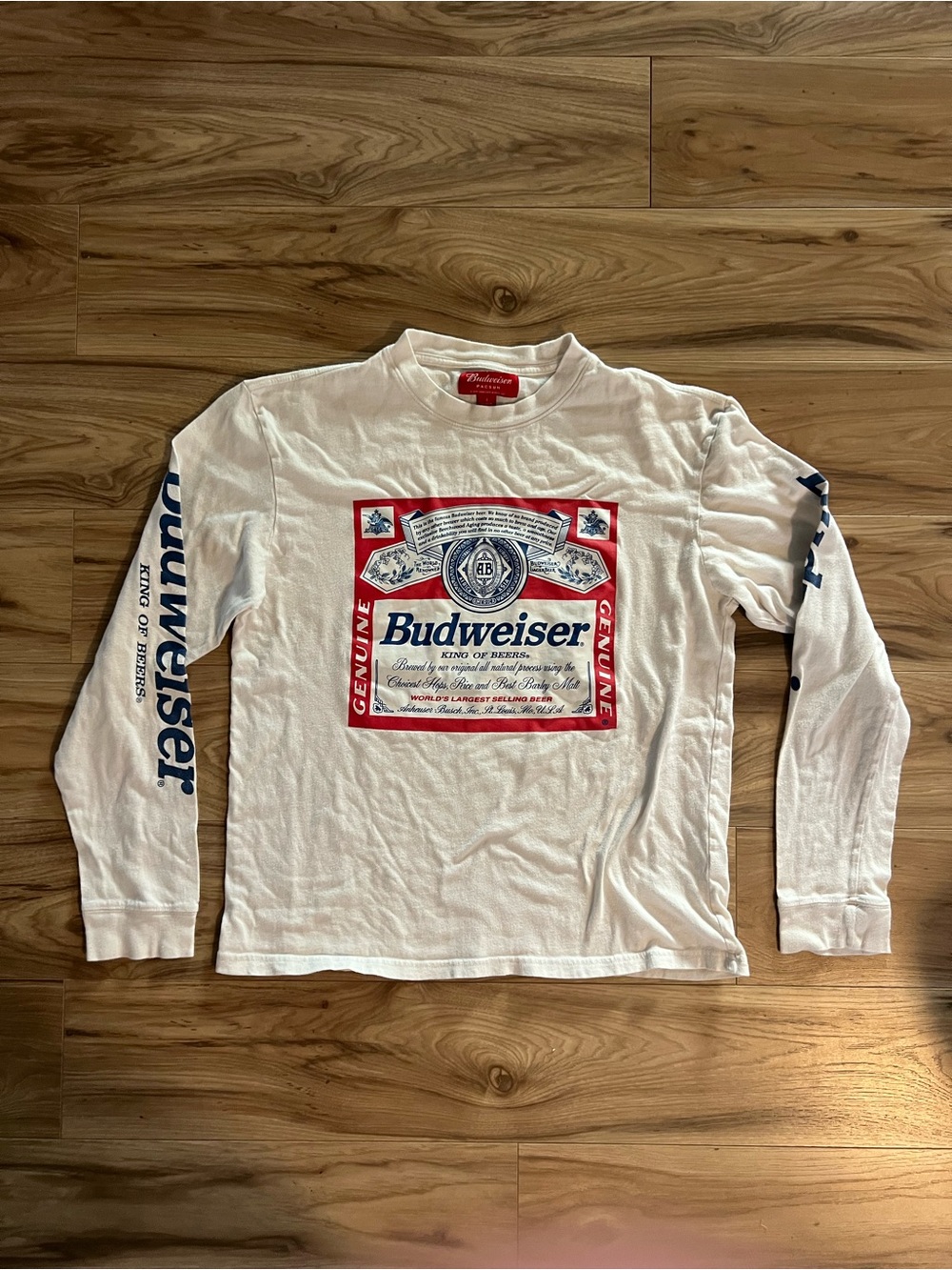 PacSun White Long Sleeve Graphic Tee with Red and Blue Label Print